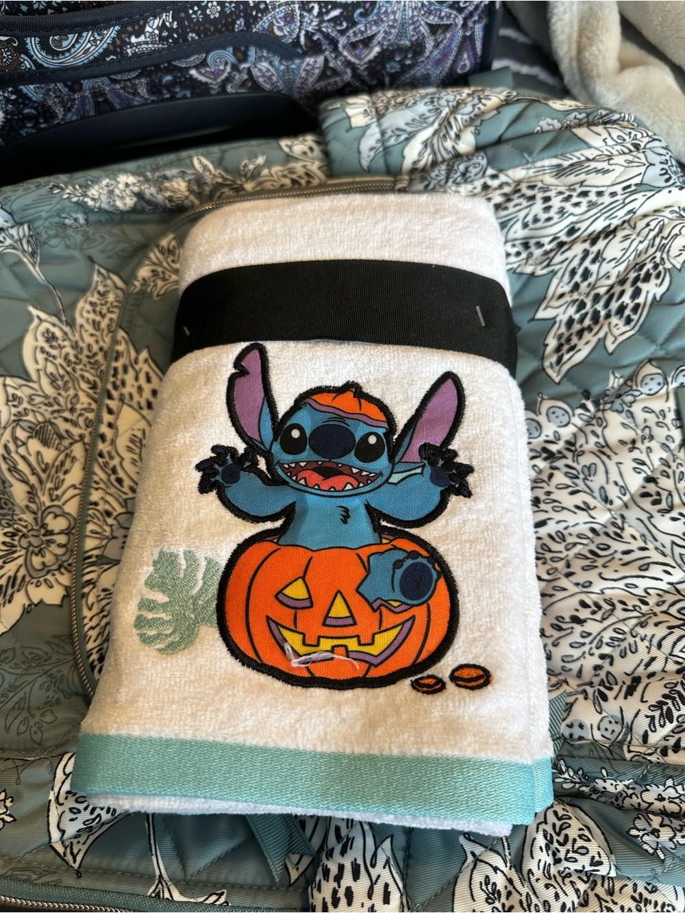White Halloween Stitch Hand Towel with Teal Trim